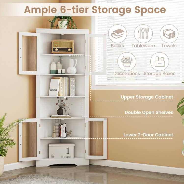 White MDF and Tempered Glass 6-Tier Corner Cabinet with Adjustable Shelves - 26" x 14" x 67" (L x W x H)