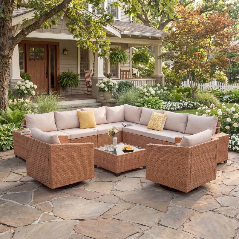 Outdoor Conversation Set L-Shaped Corner Sectional Sofa 10-Piece with Swivel Chair and Coffee Table PE Wicker Rattan