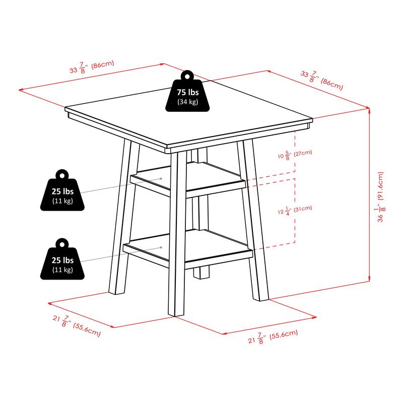 Compact 5 Piece High Table Set with Ladder Back Chairs for Kitchen or Dining - 33.86 x 33.86 x 36.06 inches
