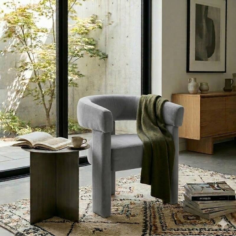 SEYNAR Modern Velvet Accent Chair, Upholstered Barrel Armchair with Curved Back and Thickened Padded Seat - Grey