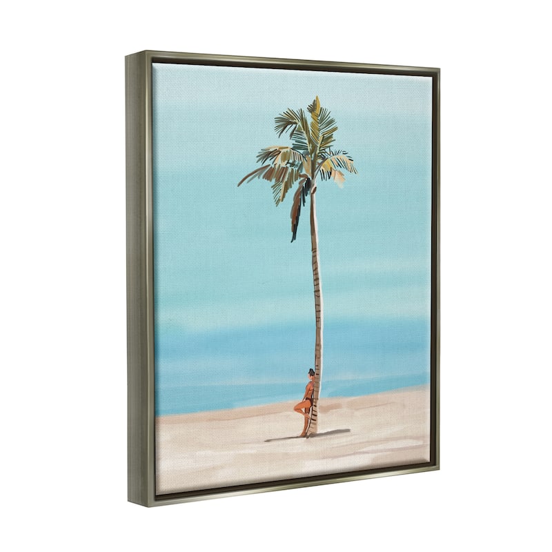Stupell Industries Girl Leaning On Palm Tree Framed Floater Canvas Wall ...
