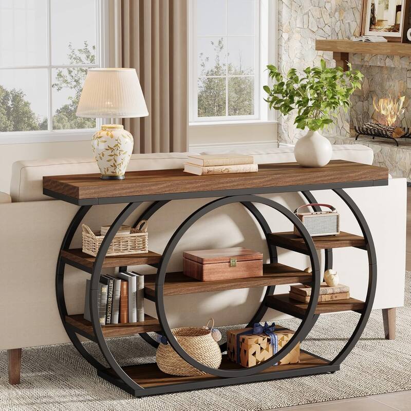47 Inches Brown Engineered Wood Console Table, 5-Tier Industrial Entryway Table with Storage Shelves