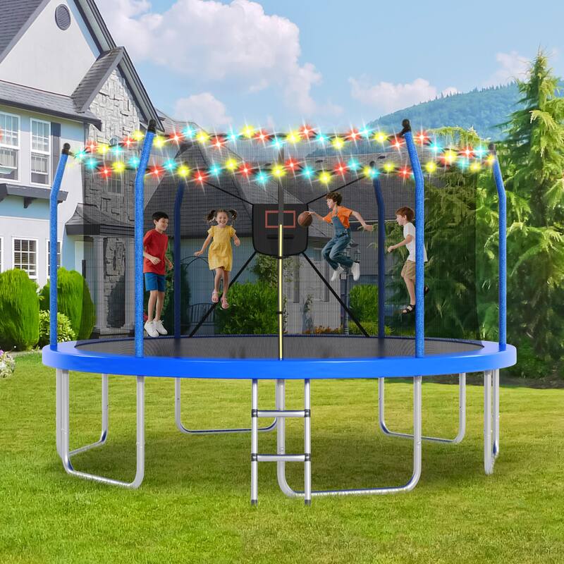 14FT Trampoline with Lights and Basketball Hoop, Outdoor Recreational 16" Trampoine for Kids and Adults - Blue