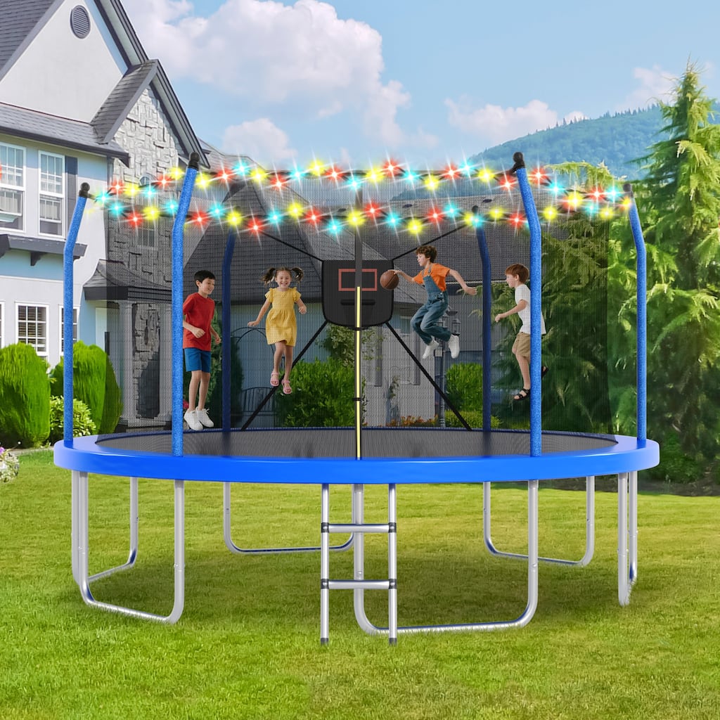 14FT Trampoline with Lights and Basketball Hoop, Outdoor Recreational 16" Trampoine for Kids and Adults