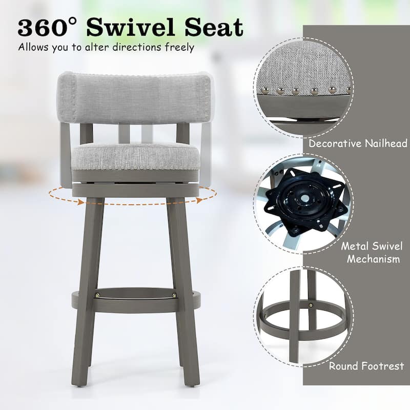 Gymax Set of 2 Upholstered Swivel Bar Stools Wooden Counter Height