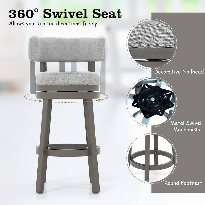 Gymax Upholstered Swivel Bar Stool Wooden Counter Height Kitchen Chair