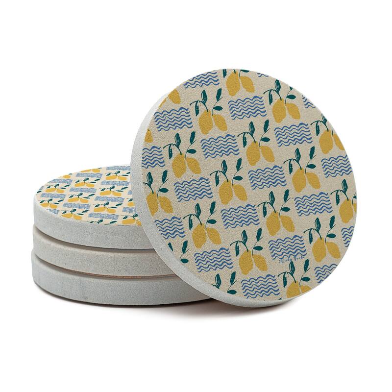 Summer Lemons 4 Pack Round Natural Sandstone Coasters with Protective Cork Backing Manufactured in The USA - Multi-Color