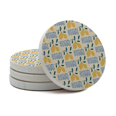 Summer Lemons 4 Pack Round Natural Sandstone Coasters with Protective Cork Backing Manufactured in The USA