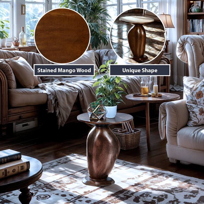 Round Mango Wood Side Table - Sculpted Pedestal Base Accent Table in Rich Stained Finish
