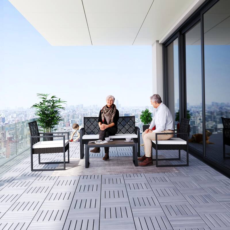 Interlocking Deck Tiles Striped Pattern, 12" x 12" Light Gray Acacia Hardwood Outdoor Flooring