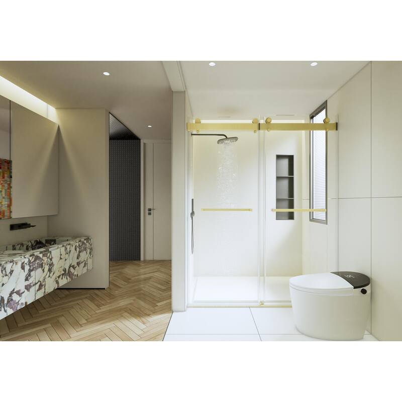 60''W x 76''H Frameless Double Sliding Soft-Close 3/8 inches Glass Shower Door in Brushed Gold/Nickel/Black