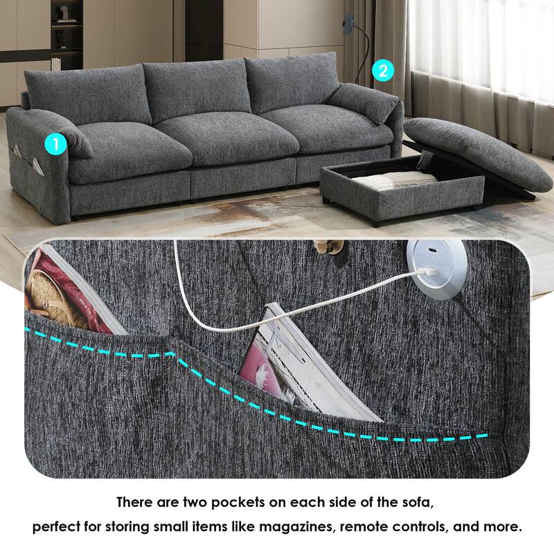 L-Shaped Sectional Chenille Sofa with Storage Ottoman, Phone Holder, USB Charger, Elephant Ear-Shaped Armrests and Pockets