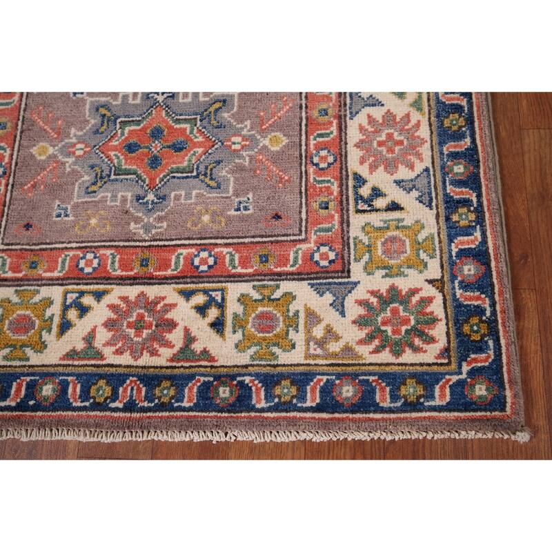 Geometric Brown Kazak Foyer Rug Hand-Knotted Wool Carpet - 2'9" x 4'1"