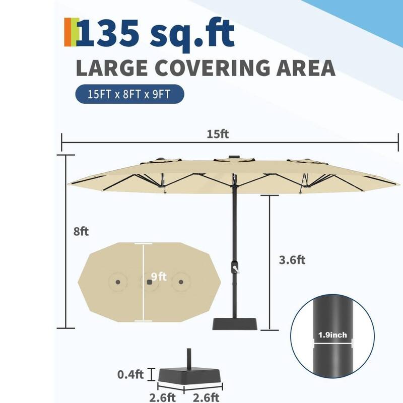 15FT Double-Sided Patio Umbrella with with LED and Base Included for Pool Lawn Garden
