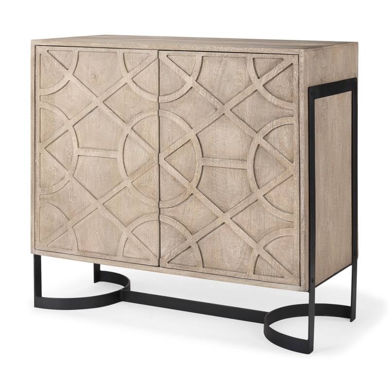 HomeRoots 37" Brown and Black Solid Wood and Metal Carved Geometric Accent Cabinet With Two Doors