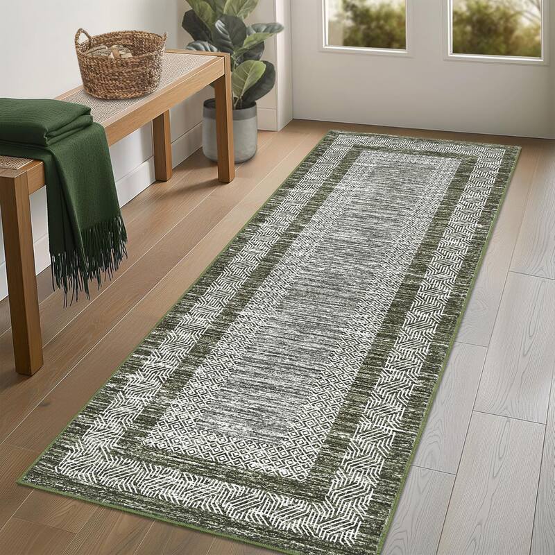 Modern Geometric Area Rugs for Living Room Bordered Rugs Indoor Printed Rug for Bedroom, Office - 2'x6' - Green