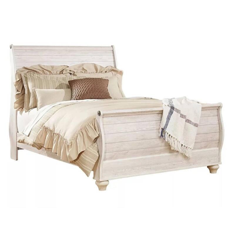 Isla Queen Sleigh Bed, Faux Planks, Carved Metal Accent, Whitewash Wood