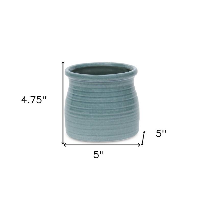 HomeRoots Celadon Ceramic 25 Ounce Striped Round Distressed Pot Planter - 5.00 in. x 4.75 in. x 5.00 in.