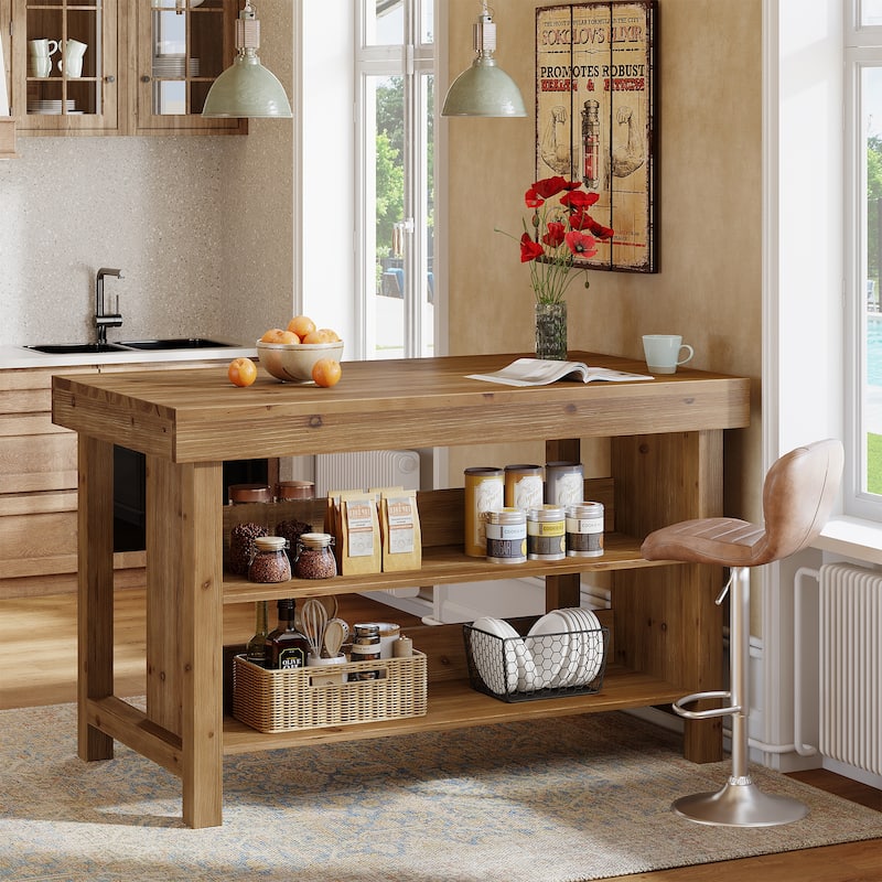 Solid Wood Bar Table, Open Storage Counter Height Pub Dining Table, Kitchen Dining/Living Room Basement Accent Bar Unit - Brown