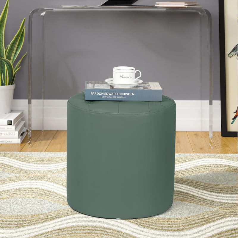 Adeco Round Ottoman Upholstered Tufted Faux Leather Footrest - Dark Green - Medium