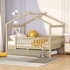preview thumbnail 26 of 34, Full Size Wooden House Bed with Twin Size Trundle, Roof and Fence
