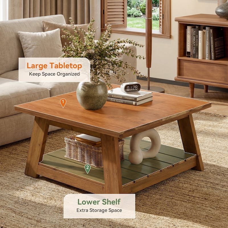 31.5" Solid Wood Square Coffee Table With 2-Tier Storage - 31.5" D x 31.5" W x 17.7" H