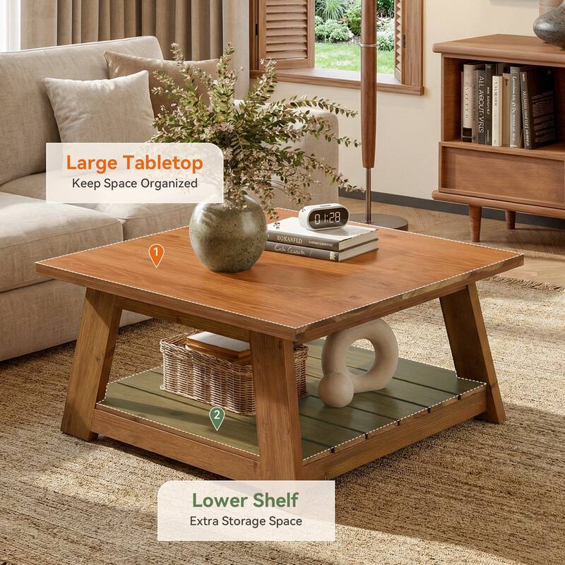 Solid Wood Square Coffee Table for Living Room, 31.5" Farmhouse Center Table