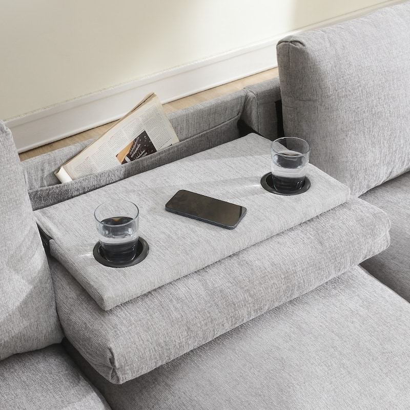 96" Modern Chenille Sectional Sofa with Bluetooth Speaker ,USB and Cup Holders