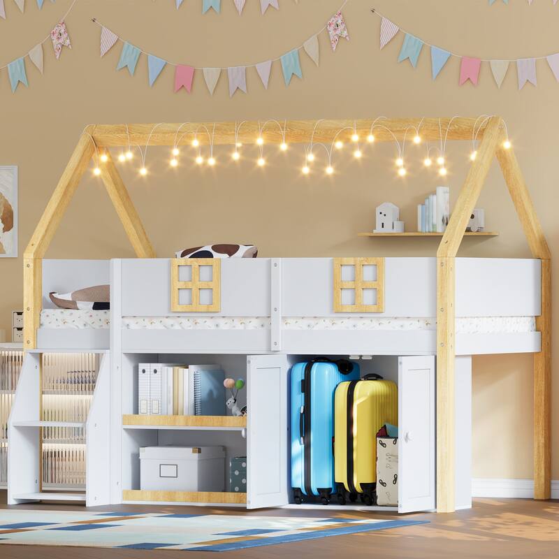 Fairytale House-shaped Low Loft Bed with Step Staircase, Shelving, Cabinets and LED Lights for Children's Room, Kids House Bed