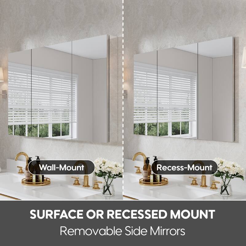 Recessed or Surface Wall Mount Bathroom Medicine Cabinet With Adjustable Glass Shelves
