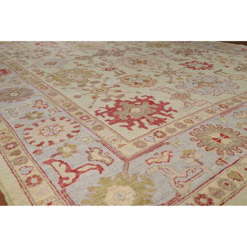Hand Knotted Oriental 100% Wool Carpet Transitional All-Over Green Oushak Area Rug - 12' 4'' X 9' 2''