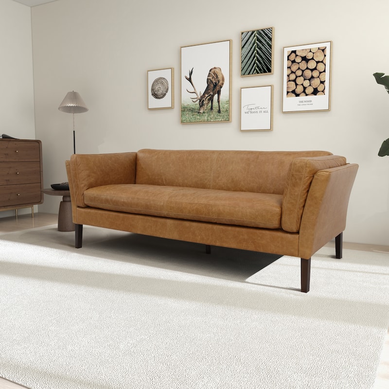 Aura 78" Wide Mid Century Modern Living Room Genuine Leather Couch