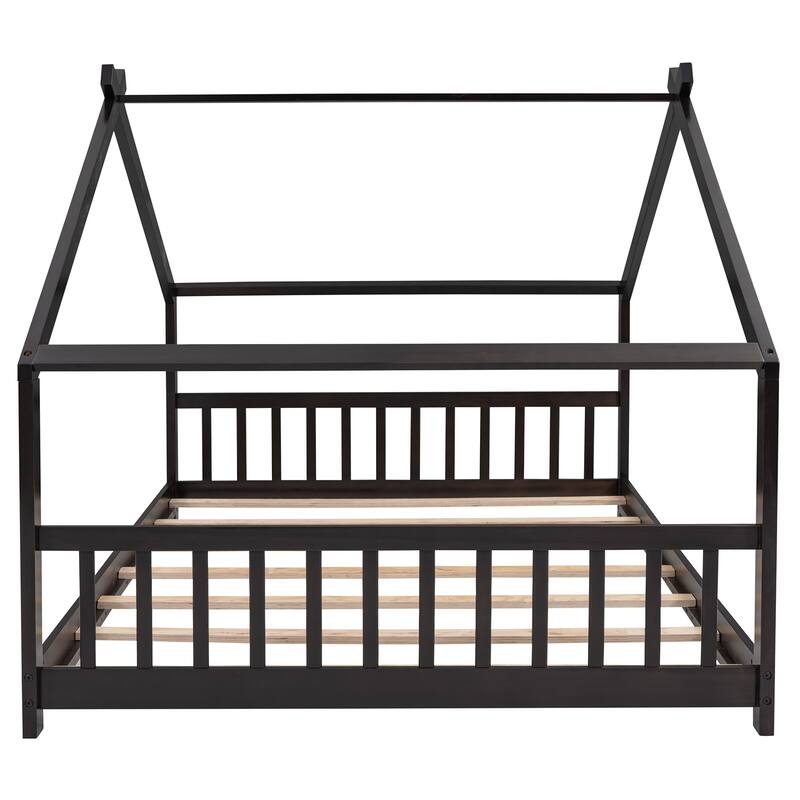Wooden House Bed Frame with Headboard and Footboard, Cute Montessori Platform Bed with Roof for Kids, Teens, Boys or Girls