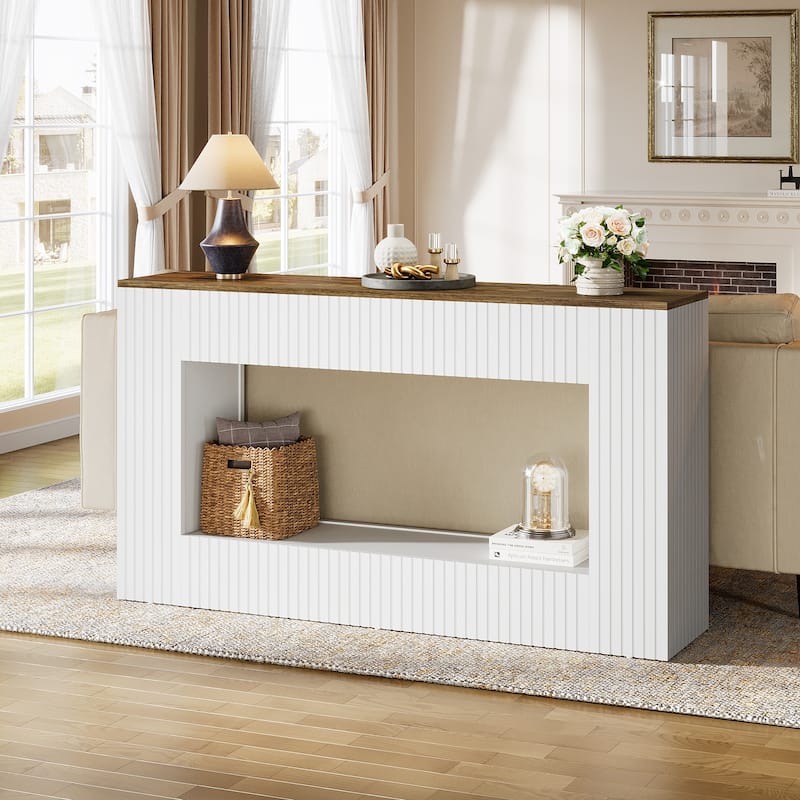 55-Inch Modern Console Table with Storage, 2-Tier Narrow Long Sofa Table Behind Couch Table for Entryway - White/Brown