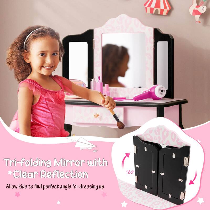 Pink MDF Vanity Set with Removable Tri-Folding Mirror and Leopard Print Perfect Gift for Kids - 24" x 11" x 38.5" (L × W × H)