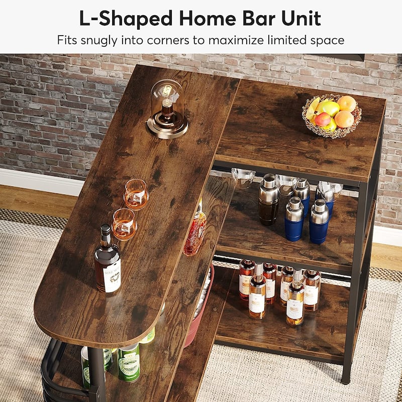 L-Shaped Home Bar Unit, 3 Tier Liquor Bar Table with Wine Glasses Holder, Corner Wine Bar Cabinet for Home Kitchen Pub