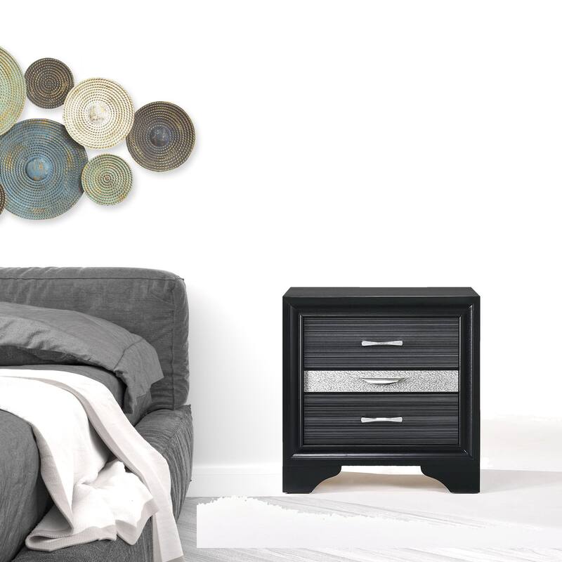 Black Rubberwood Contemporary 3-Drawer Nightstand with Metal Accents