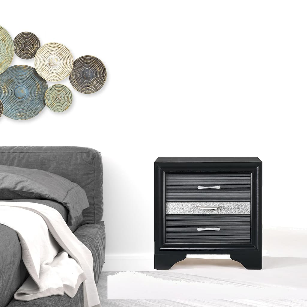 Black Rubberwood Contemporary 3-Drawer Nightstand with Metal Accents