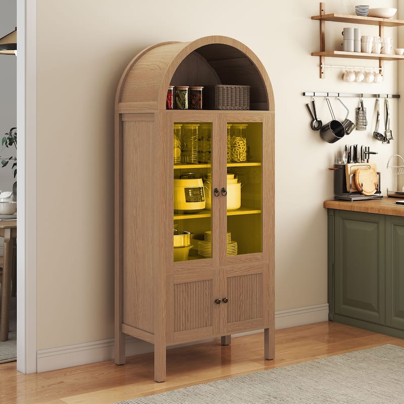 Moasis 71 Inch Tall Arched Display Cabinet with LED Lighting and Glass Doors for Living Room or Dining Room Storage - Natural