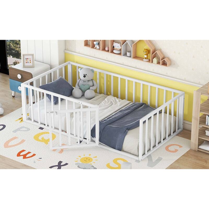 Metal Floor Bed Frame with Fence & Door