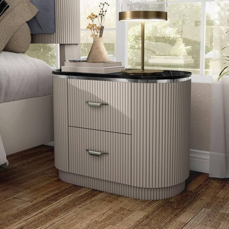 Contemporary Nightstand - Stone Top with Chrome Pulls & Light Gray Finish