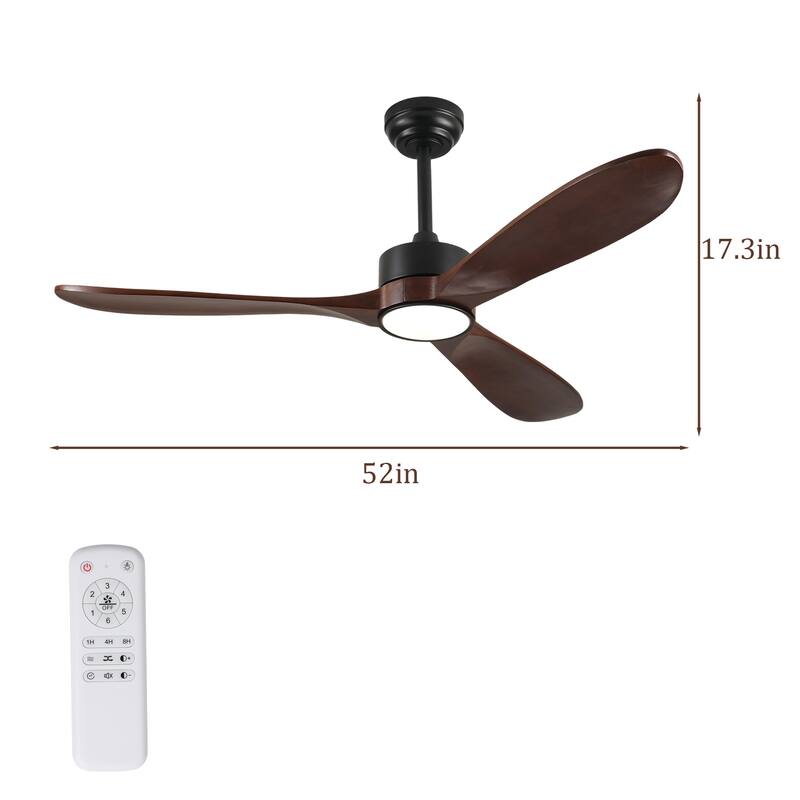 52 Inch Ceiling Fan with Light, 3 Solid Wood Blades,Remote Control,6-speed Reversible DC Motor - Black,Walnut