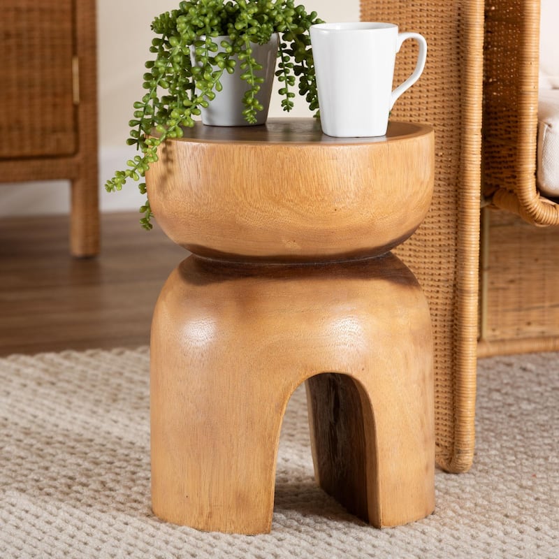 Abrina Solid Suar Wood Side Table - Hand-Carved Sculptural End Table with Arched Base, Modern Boho Style