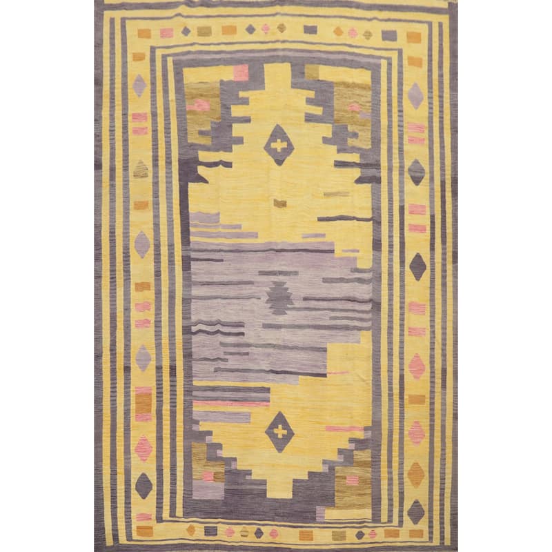 Hand Woven Oriental 100% Wool Carpet Southwestern Tribal Yellow & Gold Kilim Area Rug - 12' 8'' X 10' 2''