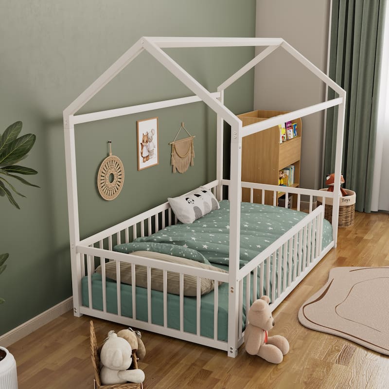 Montessori Style Metal Floor Bed Frame, House Shaped Bed for Kids and Toddlers, No Slats, House Bed