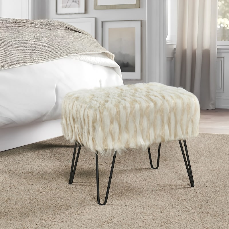 Feathery Fauxfur Ottoman - 19" x 13" x 17" H - Ivory