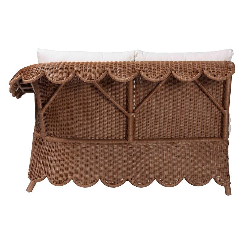 Detta Natural Rattan Sectional Set - Handwoven Wicker Corner Lounge Seating with Scalloped Skirt Base and Rolled Arms