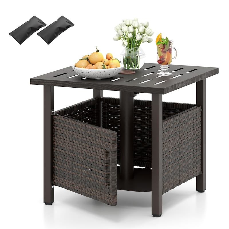 Brown PE Rattan Outdoor Side Table with Umbrella Hole and Rustproof Zinc-Iron Frame for Garden or Pool - 22" x 22" x 19"