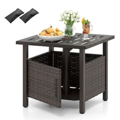 Brown PE Rattan Outdoor Side Table with Umbrella Hole and Rustproof Zinc-Iron Frame for Garden or Pool - 22" x 22" x 19"