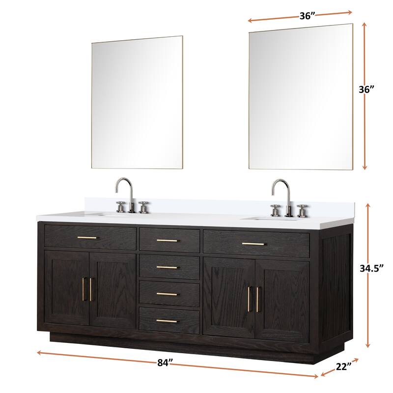 Abbey 60 in W x 22 in D Black Oak Double Bath Vanity, Cultured Marble Top, Faucet Set, and 28 in Mirrors